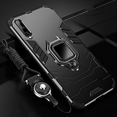 Silicone Matte Finish and Plastic Back Cover Case with Magnetic Finger Ring Stand R01 for Samsung Galaxy A70S Black