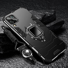 Silicone Matte Finish and Plastic Back Cover Case with Magnetic Finger Ring Stand R01 for Samsung Galaxy M12 Black