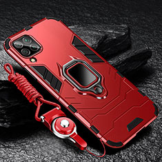 Silicone Matte Finish and Plastic Back Cover Case with Magnetic Finger Ring Stand R01 for Samsung Galaxy M12 Red