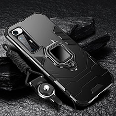 Silicone Matte Finish and Plastic Back Cover Case with Magnetic Finger Ring Stand R01 for Xiaomi Mi 10S 5G Black