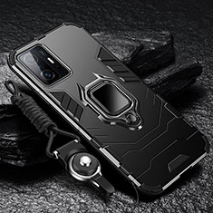 Silicone Matte Finish and Plastic Back Cover Case with Magnetic Finger Ring Stand R01 for Xiaomi Mi 11T 5G Black