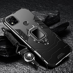 Silicone Matte Finish and Plastic Back Cover Case with Magnetic Finger Ring Stand R01 for Xiaomi POCO C3 Black
