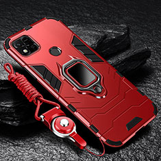 Silicone Matte Finish and Plastic Back Cover Case with Magnetic Finger Ring Stand R01 for Xiaomi POCO C3 Red