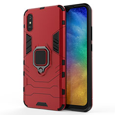 Silicone Matte Finish and Plastic Back Cover Case with Magnetic Finger Ring Stand R01 for Xiaomi Redmi 9A Red