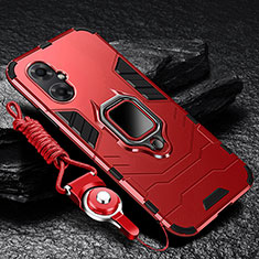 Silicone Matte Finish and Plastic Back Cover Case with Magnetic Finger Ring Stand R01 for Xiaomi Redmi Note 11R 5G Red