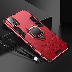 Silicone Matte Finish and Plastic Back Cover Case with Magnetic Finger Ring Stand R01 for Xiaomi Redmi Note 9 4G Red