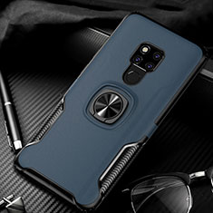 Silicone Matte Finish and Plastic Back Cover Case with Magnetic Finger Ring Stand R02 for Huawei Mate 20 X 5G Blue