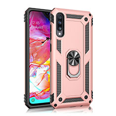 Silicone Matte Finish and Plastic Back Cover Case with Magnetic Finger Ring Stand R02 for Samsung Galaxy A70 Rose Gold