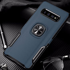 Silicone Matte Finish and Plastic Back Cover Case with Magnetic Finger Ring Stand R02 for Samsung Galaxy S10 5G Blue