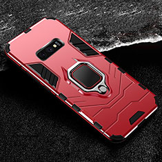 Silicone Matte Finish and Plastic Back Cover Case with Magnetic Finger Ring Stand R02 for Samsung Galaxy S10e Red