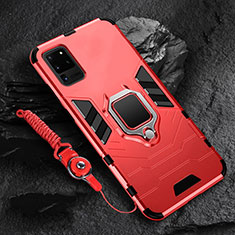 Silicone Matte Finish and Plastic Back Cover Case with Magnetic Finger Ring Stand R02 for Samsung Galaxy S20 Ultra Red