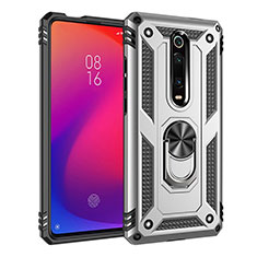 Silicone Matte Finish and Plastic Back Cover Case with Magnetic Finger Ring Stand R02 for Xiaomi Mi 9T Silver