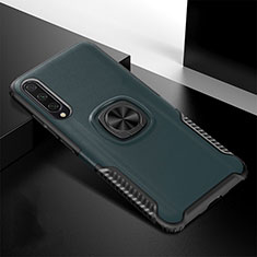 Silicone Matte Finish and Plastic Back Cover Case with Magnetic Finger Ring Stand R02 for Xiaomi Mi A3 Green