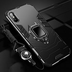 Silicone Matte Finish and Plastic Back Cover Case with Magnetic Finger Ring Stand R02 for Xiaomi Redmi 9A Black