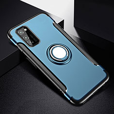 Silicone Matte Finish and Plastic Back Cover Case with Magnetic Finger Ring Stand R03 for Huawei Honor V30 5G Blue