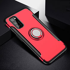 Silicone Matte Finish and Plastic Back Cover Case with Magnetic Finger Ring Stand R03 for Huawei Honor V30 Pro 5G Red