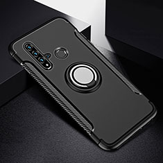 Silicone Matte Finish and Plastic Back Cover Case with Magnetic Finger Ring Stand R03 for Huawei P20 Lite (2019) Black