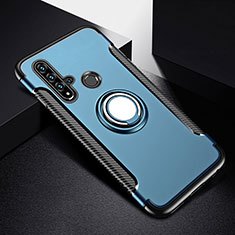Silicone Matte Finish and Plastic Back Cover Case with Magnetic Finger Ring Stand R03 for Huawei P20 Lite (2019) Blue