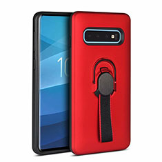 Silicone Matte Finish and Plastic Back Cover Case with Magnetic Finger Ring Stand R03 for Samsung Galaxy S10 Red