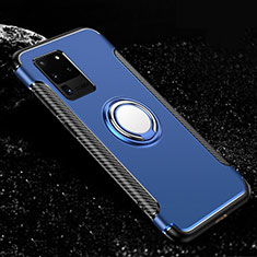 Silicone Matte Finish and Plastic Back Cover Case with Magnetic Finger Ring Stand R03 for Samsung Galaxy S20 Ultra Blue