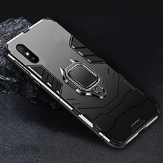 Silicone Matte Finish and Plastic Back Cover Case with Magnetic Finger Ring Stand R03 for Xiaomi Redmi 9AT Black