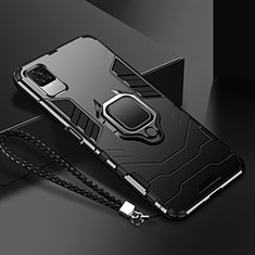 Silicone Matte Finish and Plastic Back Cover Case with Magnetic Finger Ring Stand R03 for Xiaomi Redmi K40S 5G Black