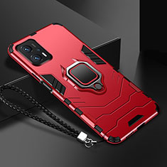 Silicone Matte Finish and Plastic Back Cover Case with Magnetic Finger Ring Stand R03 for Xiaomi Redmi Note 11T Pro 5G Red