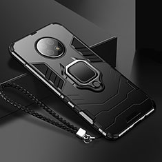 Silicone Matte Finish and Plastic Back Cover Case with Magnetic Finger Ring Stand R03 for Xiaomi Redmi Note 9 5G Black