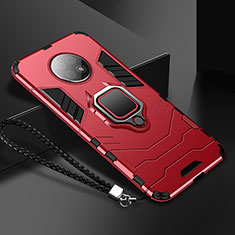 Silicone Matte Finish and Plastic Back Cover Case with Magnetic Finger Ring Stand R03 for Xiaomi Redmi Note 9T 5G Red