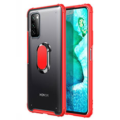 Silicone Matte Finish and Plastic Back Cover Case with Magnetic Finger Ring Stand R04 for Huawei Honor V30 Pro 5G Red
