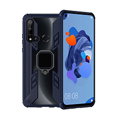 Silicone Matte Finish and Plastic Back Cover Case with Magnetic Finger Ring Stand R04 for Huawei Nova 5i Blue