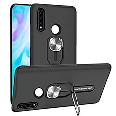 Silicone Matte Finish and Plastic Back Cover Case with Magnetic Finger Ring Stand R04 for Huawei P30 Lite New Edition Black