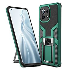 Silicone Matte Finish and Plastic Back Cover Case with Magnetic Finger Ring Stand R04 for Xiaomi Mi 11 Lite 5G NE Green