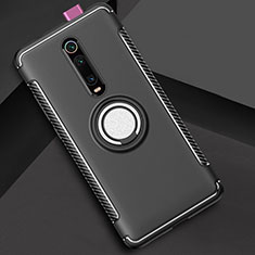 Silicone Matte Finish and Plastic Back Cover Case with Magnetic Finger Ring Stand R04 for Xiaomi Mi 9T Pro Black