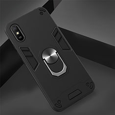 Silicone Matte Finish and Plastic Back Cover Case with Magnetic Finger Ring Stand R04 for Xiaomi Redmi 9A Black