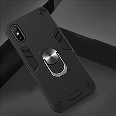Silicone Matte Finish and Plastic Back Cover Case with Magnetic Finger Ring Stand R04 for Xiaomi Redmi 9i Black