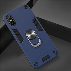 Silicone Matte Finish and Plastic Back Cover Case with Magnetic Finger Ring Stand R04 for Xiaomi Redmi 9i Navy Blue