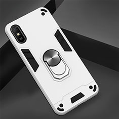 Silicone Matte Finish and Plastic Back Cover Case with Magnetic Finger Ring Stand R04 for Xiaomi Redmi 9i White