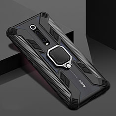 Silicone Matte Finish and Plastic Back Cover Case with Magnetic Finger Ring Stand R05 for Xiaomi Mi 9T Pro Black