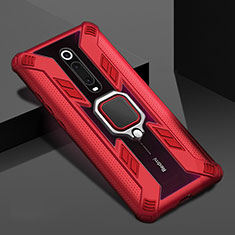 Silicone Matte Finish and Plastic Back Cover Case with Magnetic Finger Ring Stand R05 for Xiaomi Redmi K20 Red