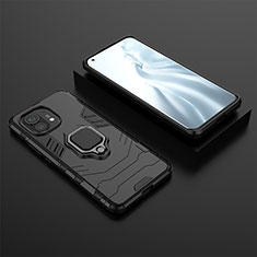 Silicone Matte Finish and Plastic Back Cover Case with Magnetic Finger Ring Stand R07 for Xiaomi Mi 11 Lite 4G Black