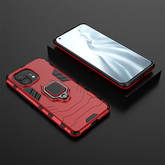 Silicone Matte Finish and Plastic Back Cover Case with Magnetic Finger Ring Stand R07 for Xiaomi Mi 11 Lite 4G Red