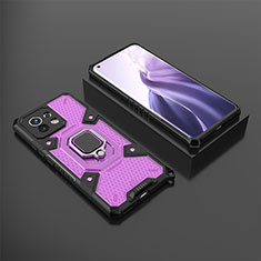 Silicone Matte Finish and Plastic Back Cover Case with Magnetic Finger Ring Stand R11 for Xiaomi Mi 11 5G Purple