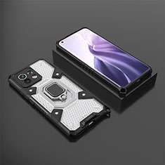 Silicone Matte Finish and Plastic Back Cover Case with Magnetic Finger Ring Stand R11 for Xiaomi Mi 11 Lite 5G NE White