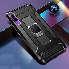 Silicone Matte Finish and Plastic Back Cover Case with Magnetic Finger Ring Stand S01 for Huawei Y9s Black