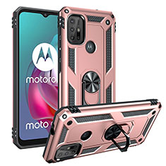 Silicone Matte Finish and Plastic Back Cover Case with Magnetic Finger Ring Stand S01 for Motorola Moto G30 Rose Gold