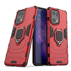 Silicone Matte Finish and Plastic Back Cover Case with Magnetic Finger Ring Stand S01 for Oppo Find X5 Pro 5G Red