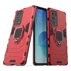 Silicone Matte Finish and Plastic Back Cover Case with Magnetic Finger Ring Stand S01 for Oppo Reno6 Pro+ Plus 5G Red