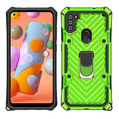 Silicone Matte Finish and Plastic Back Cover Case with Magnetic Finger Ring Stand S01 for Samsung Galaxy A11 Matcha Green