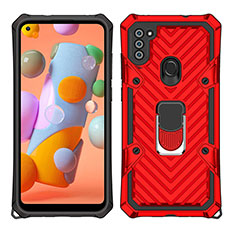 Silicone Matte Finish and Plastic Back Cover Case with Magnetic Finger Ring Stand S01 for Samsung Galaxy A11 Red